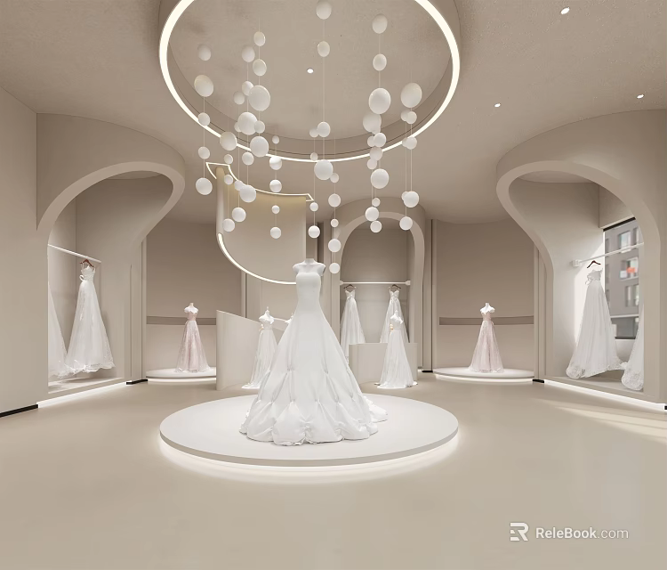 Elegant Bridal Shop Interior with Displayed Wedding Dresses Central Stand and Arched Designs 3d model 