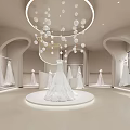 Elegant Bridal Shop Interior with Displayed Wedding Dresses Central Stand and Arched Designs