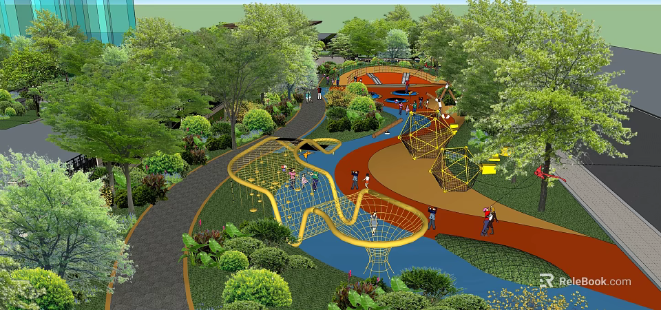 Vibrant Garden Landscape With Interactive Play Structures Lush Greenery And Children Playing 3d model