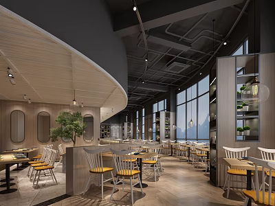 Modern Restaurant Interior With Open Layout Large Windows Wooden Tables And Green Plants 3d model