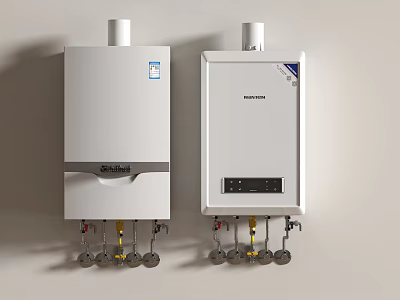 Two White Wall Mounted Gas Water Heaters With Brand Labels And Bottom Pipes Valves 3d model