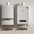 Two White Wall Mounted Gas Water Heaters With Brand Labels And Bottom Pipes Valves