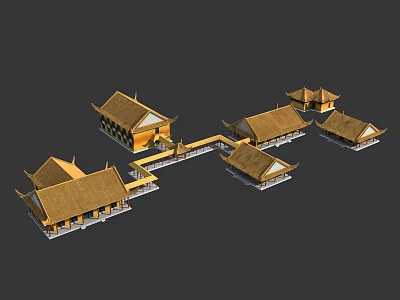 Traditional Chinese Ancient Architectural Complex With Golden Roofs And Connected Structures 3d model