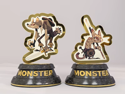 Collectible Decorative Monster Trophies With Cartoon Character Figures On Black Bases 3d model