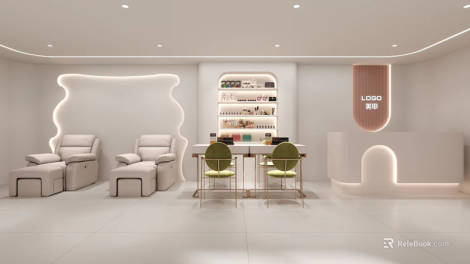 Modern Beauty Hair Salon Interior Design With White Decor Soft Lighting Product Shelves And Seating 3d model 