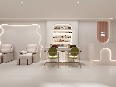 Modern Beauty Hair Salon Interior Design With White Decor Soft Lighting Product Shelves And Seating 3d model