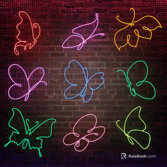 Colorful Neon Butterfly Shaped Decorative Lights on Brick Wall Background 3d model 