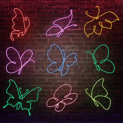 Colorful Neon Butterfly Shaped Decorative Lights on Brick Wall Background 3d model Colorful Neon Butterfly Shaped Decorative Lights on Brick Wall Background 3d model