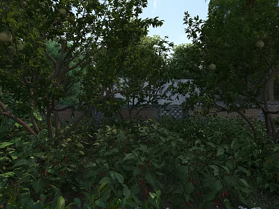 Lush Garden Landscape with Fruit Trees Green Plants and Stone Wall Background 3d model