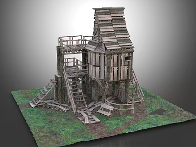 Wooden House Model With Multi Level Structure Stairs And Grass Area 3d model