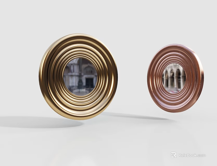 Round Gold and Copper Mirrors with Concentric Circle Texture Reflecting Building Arches Windows White Background 3d model