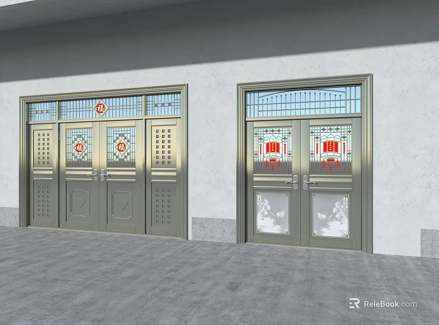 Stainless Steel Double Doors With Red Decorations And Glass Panels On Gray Exterior Wall 3d model 