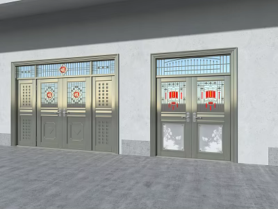 Stainless Steel Double Doors With Red Decorations And Glass Panels On Gray Exterior Wall 3d model