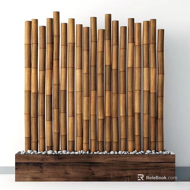 Modern Bamboo Wood Wall Decor With Vertical Sticks And Pebbles Base Design 3d model 