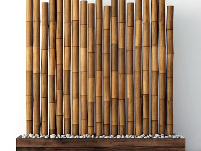 Modern Bamboo Wood Wall Decor With Vertical Sticks And Pebbles Base Design 3d model