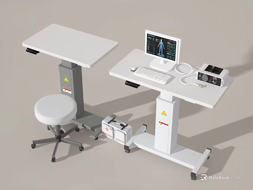 Medical Functional Table With Computer Monitor Keyboard Stool And Wheeled Design 3d model 