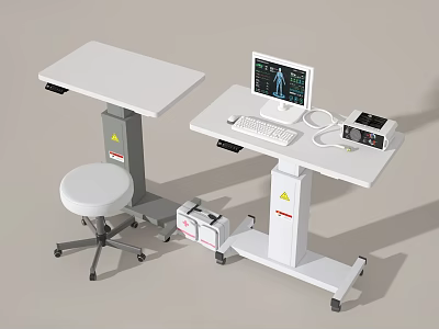 Medical Functional Table With Computer Monitor Keyboard Stool And Wheeled Design 3d model