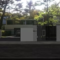 Modern Entrance Gate With Black Vertical Slats Surrounded by Trees and Residential House