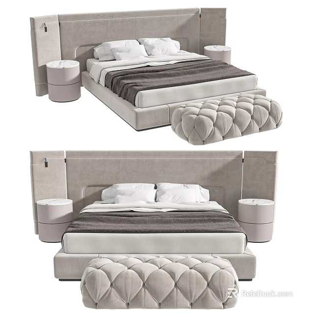 Modern Double Bed With Upholstered Headboard Nightstands Bed Bench And Neutral Tones 3d model 