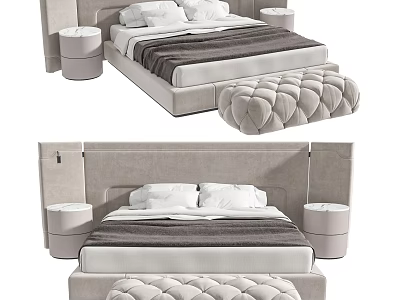Modern Double Bed With Upholstered Headboard Nightstands Bed Bench And Neutral Tones 3d model