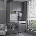 Home Balcony With Washing Machine Grey Cabinets Marble Wall Near Window With Blinds