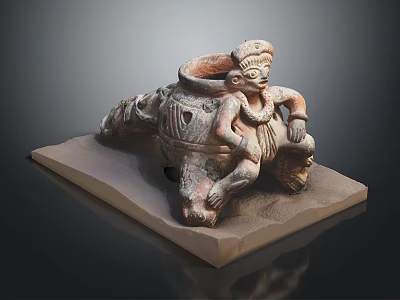 Ancient Terracotta Sculpture Featuring Human Figure Seated On Pottery Jar And Square Base 3d model