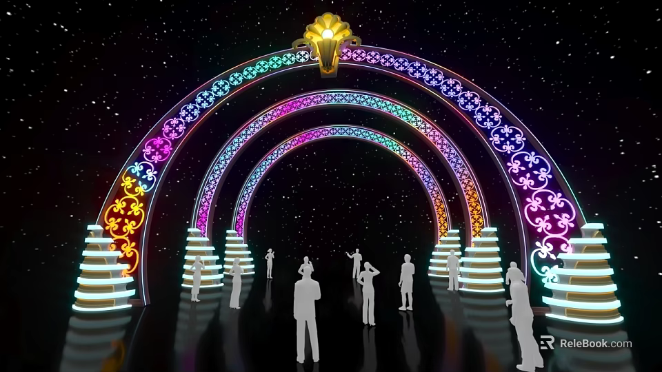 Event Entrance With Colorful Arches Golden Decoration Illuminated Patterns Steps Starry Background And People Silhouettes 3d model 