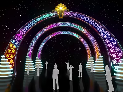 Event Entrance With Colorful Arches Golden Decoration Illuminated Patterns Steps Starry Background And People Silhouettes 3d model