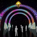 Event Entrance With Colorful Arches Golden Decoration Illuminated Patterns Steps Starry Background And People Silhouettes