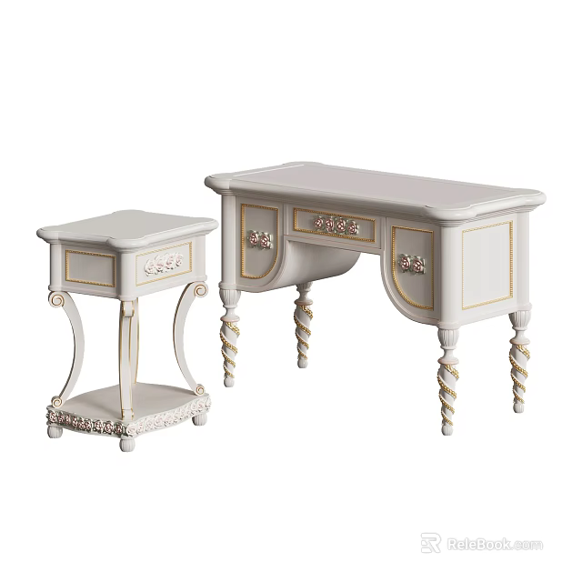 Elegant White Bedside Table With Carvings And Twisted Legs Alongside Dressing Table 3d model