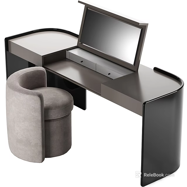 Modern Sleek Dressing Table Design With Mirror And Gray Upholstered Stool 3d model 