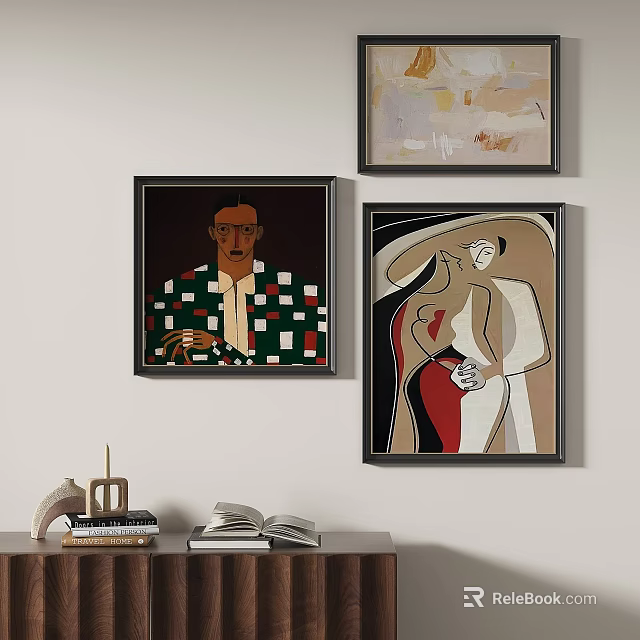Modern Abstract Paintings Framed On Wall With Geometric And Figurative Art Elements 3d model