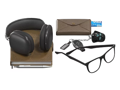 Stylish Accessory Decor Set with Headphones Leather Wallet Keychain Glasses and Book Base 3d model