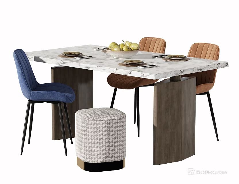 Modern Dining Table Set With Marble Top Blue Brown Chairs And Checkered Ottoman 3d model