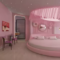 Pink Hotel Room Interior With Round Bed Heart Shaped Decor And Pink Drapes