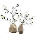 Two Burlap Vases With Green Leaf Branches Against White Background In Natural Minimalist Style