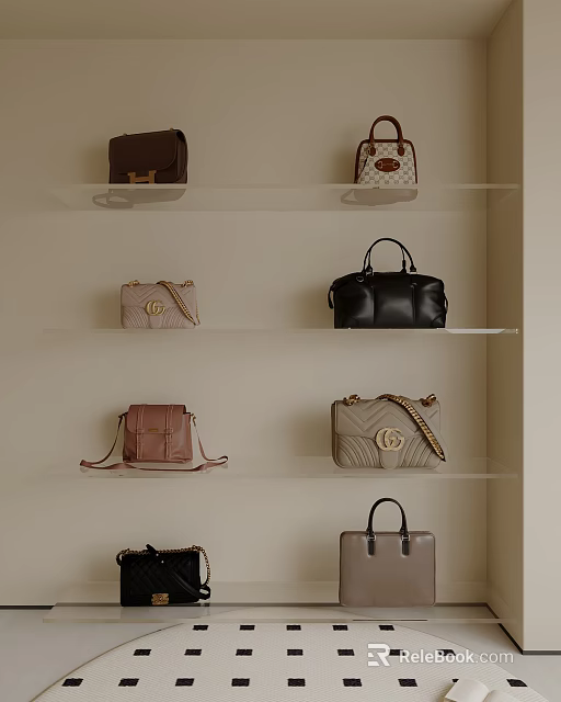 Fashionable Bags Collection Displayed on Glass Shelves With Various Styles and Different Colors 3d model 