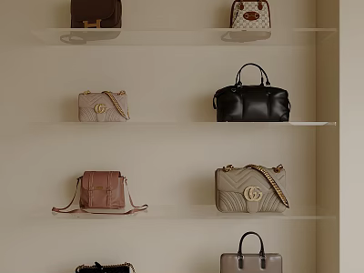 Fashionable Bags Collection Displayed on Glass Shelves With Various Styles and Different Colors 3d model