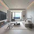 Modern Living Room Interior With Large TV Fireplace Beige Sofa And Mountain View