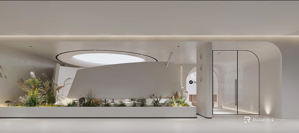 Modern Minimalist Interior Design With Circular Skylight Green Plants Glass Door And White Walls 3d model 