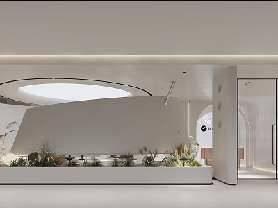 Modern Minimalist Interior Design With Circular Skylight Green Plants Glass Door And White Walls 3d model