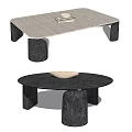 Rectangular and Round Coffee Tables Featuring Light Dark Surfaces Dark Legs and Decorative Tabletop Items 3d model
