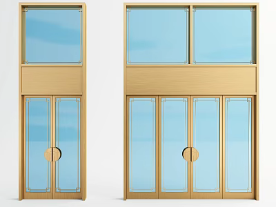 Modern Double Glass Doors With Golden Frame Transparent Panels And Circular Handles 3d model