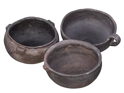 Traditional Handled Ceramic Vessels With Dark Brown Rustic Texture Set Of Three 3d model