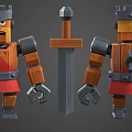 Red And Orange Armored Warrior Character With Gray Helmet And Sword In