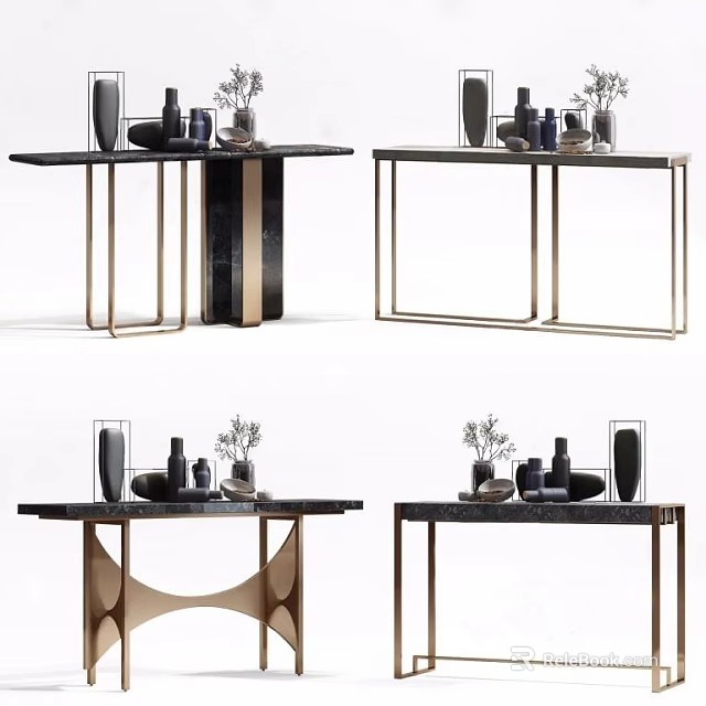 Modern Luxury Console Tables With Metal Frame Marble Top And Decorative Vases 3d model 