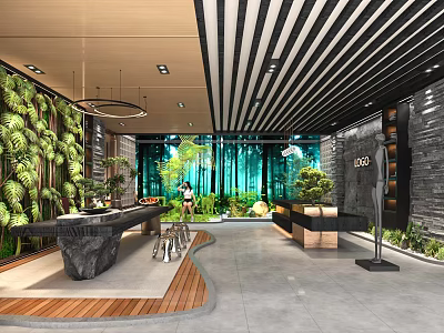 Modern Front Desk Reception Interior With Green Plant Walls Stone Counter And Striped Ceiling 3d model