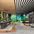 Modern Front Desk Reception Interior With Green Plant Walls Stone Counter And Striped Ceiling