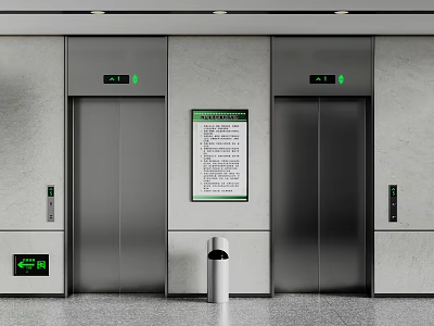 Public Facilities Interior With Two Elevators Information Sign And Trash Can 3d model