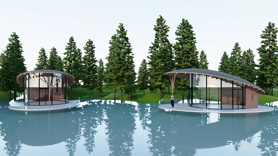 Modern Wooden Cabin with Glass Walls Surrounded by Trees and Water Reflection 3d model 